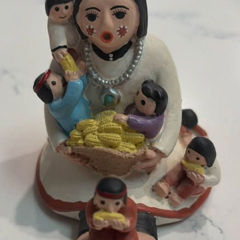 Vintage Native American Style Mother & Children Storyteller Figurine–Corn Basket